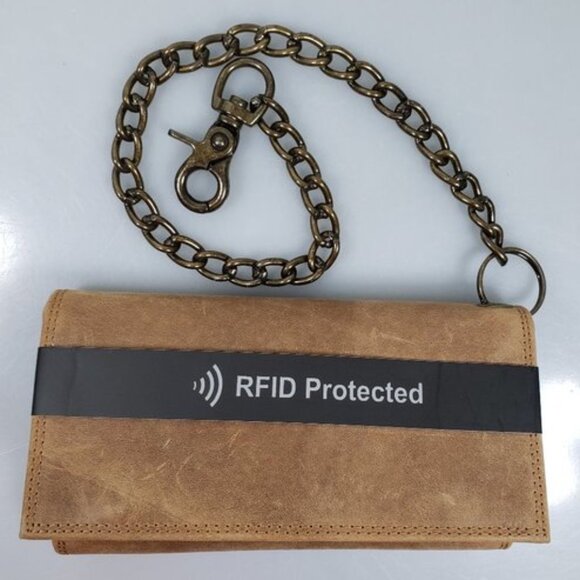 Men's Brown Leather Trifold Motorcycle Chain Deluxe Wallet RFID Check Book - Picture 6 of 6